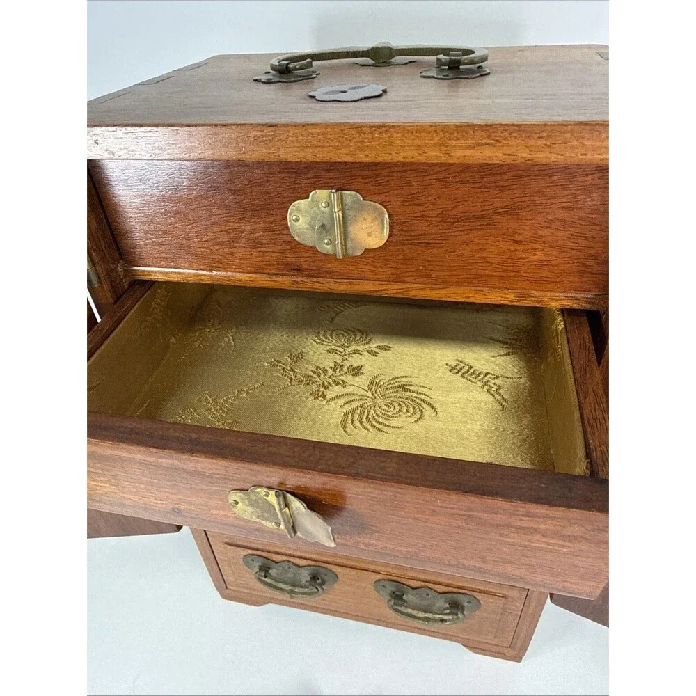 VTG Chinese wood 5 drawer Dressing case Jewelry Box 12